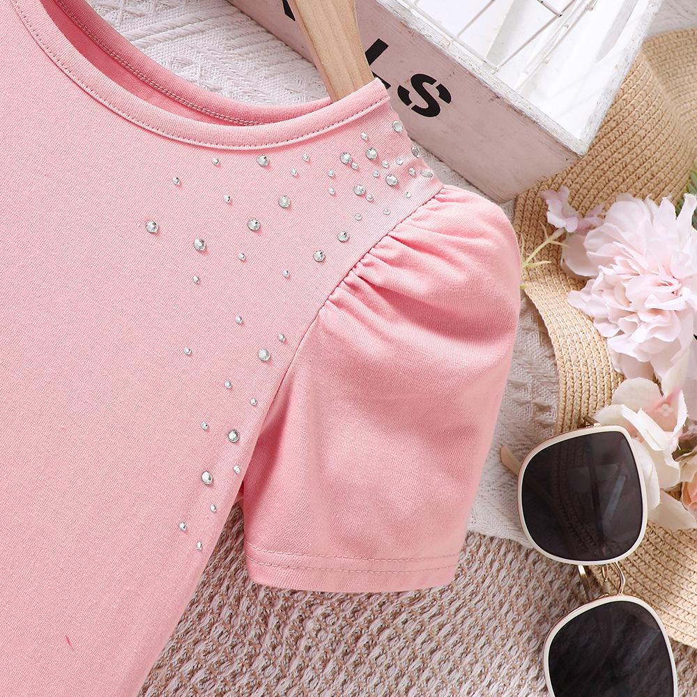 8-12Y Children's Casual Suit Girls Spring and Summer Girl Trousers Set New Bubble T-shirt + Shorts Set 2pcs