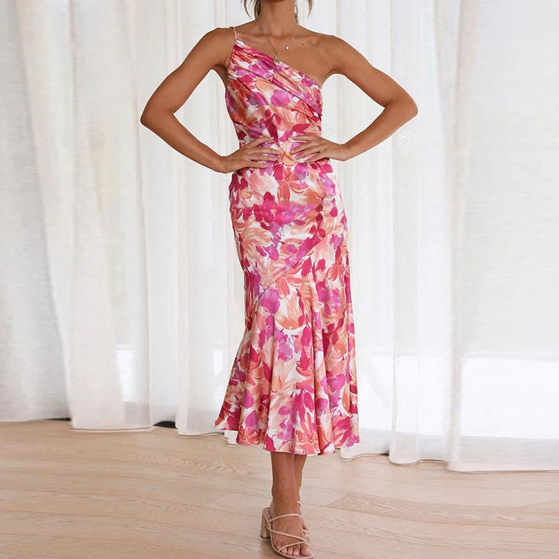 2026 Spring Women s One-Shoulder Print Spaghetti Strap Mermaid Dress - European & American Style XL