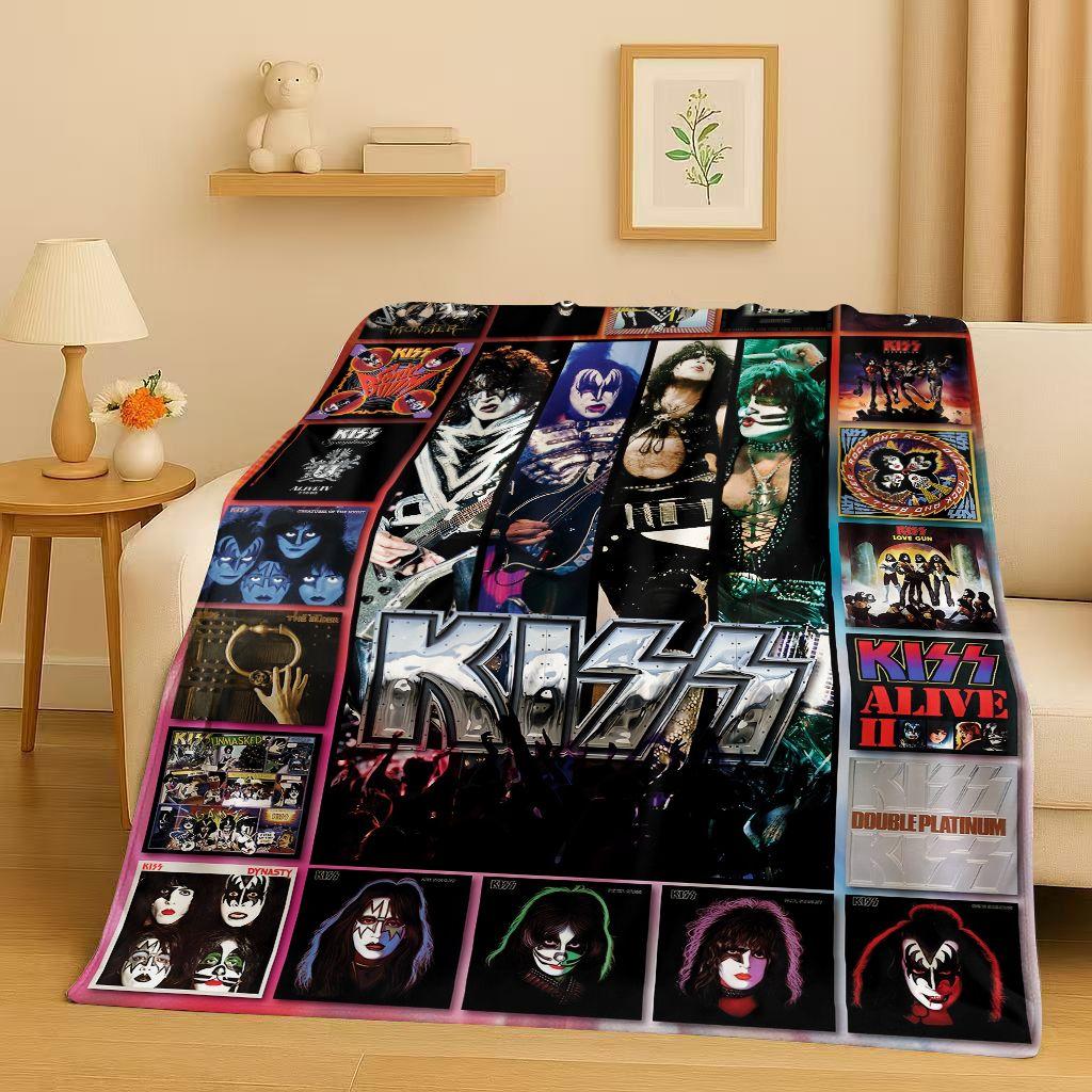 Coperta di Flanella Retro Kiss Rock Heavy Metal Band Gene Simmons, Coperta Morbida Ultra Peluche per Casa Camera da Letto Letto Divano Ufficio