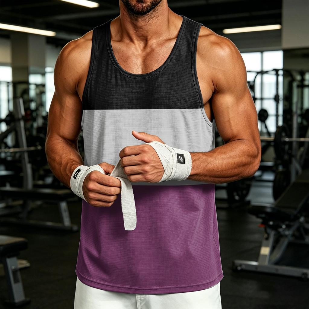 Men's Casual Sleeveless Tank Top Outdoor Sports Round Neck Striped Print Lightweight Breathable Summer Vest Shirt
