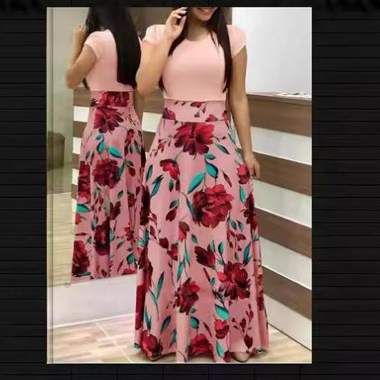 European & American Style Long Skirt with Digital Print, Color-Matched, Long/Short Sleeve Dress for Women