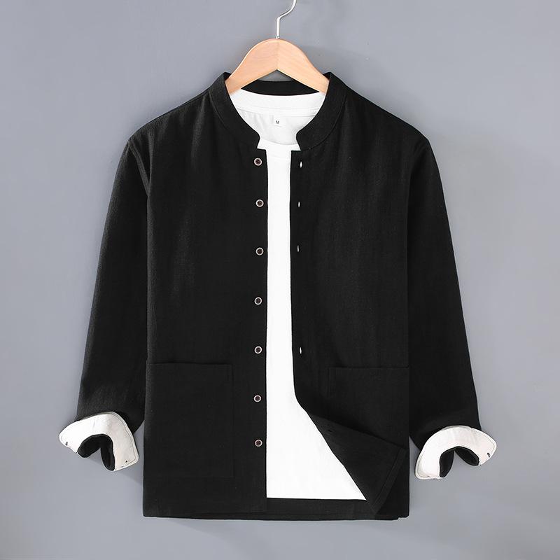 Spring and Summer Men Jackets Chinese Style Cotton Linen Thin Coat Big Pocket Button Stand Collar Jacket Traditional Men Clothing