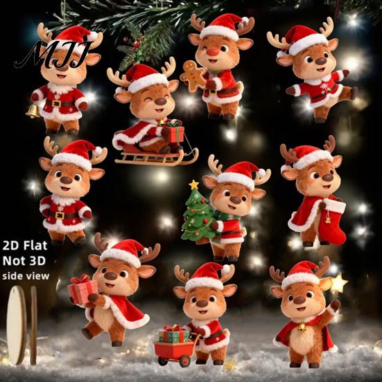 Xmas Holiday Party Supplies Christmas Elk Ornaments, 2D Flat Wooden Cute Reindeer Hanging Decoration, Cartoon Wood Deer Decorations Pendants with Hat