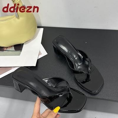 Fashion Spring Summer Women Heeled Slippers Shoes Pumps Fashion Shallow Ladies Square Heels Slippers Slides Female Flip Flops Sandals