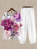 2023 Women's Casual Round Neck Five-Sleeve Top & Digital Print Two-Piece Set