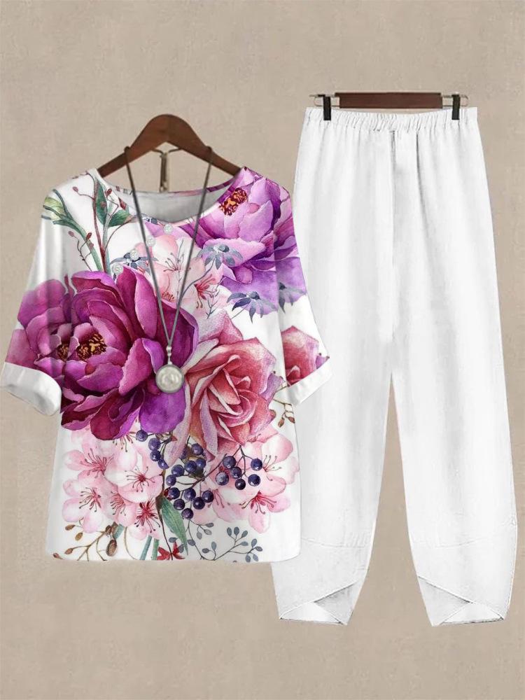 2023 Women's Casual Round Neck Five-Sleeve Top & Digital Print Two-Piece Set