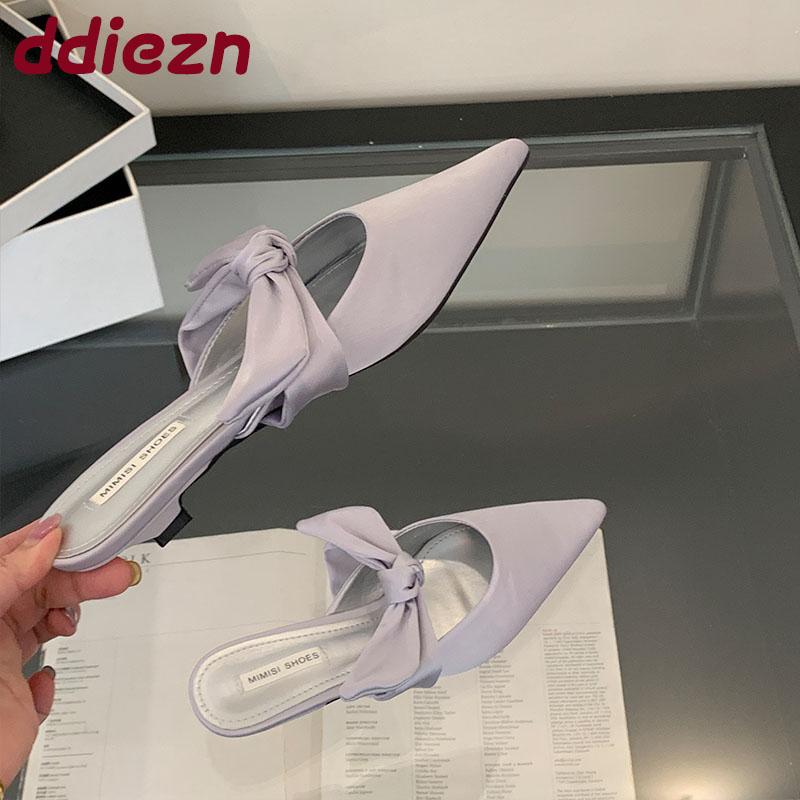 Fashion Fashion Butterfly-Knot Ladies Heeled Pumps Shoes Female Pointed Toe Low Heel Footwear Shallow Slides Shoes For Women Mules Lady