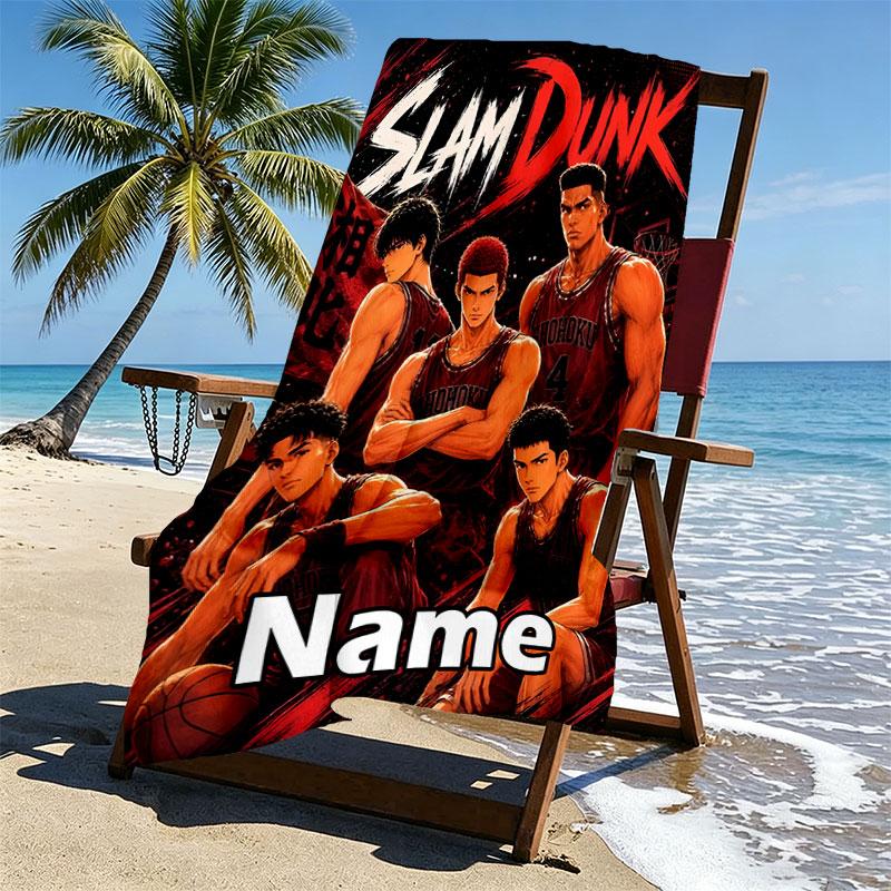 Custom Name Personalized SLAM DUNK Print Beach Towel, for Trip Camping Beach Party Home Decor, Birthday Gift for Family & Friends