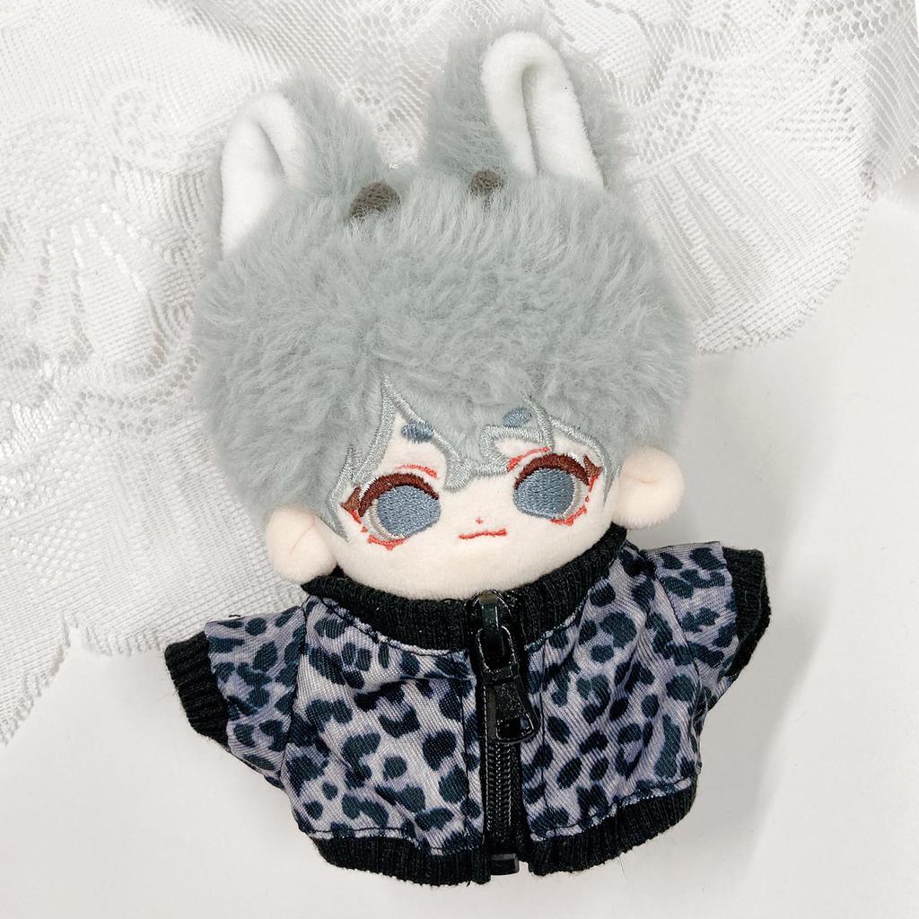 Leopard print jacket, 10cm plush doll outfit, black. Perfect for mascots, idols, K-pop dolls, and other fan activities. [Used]