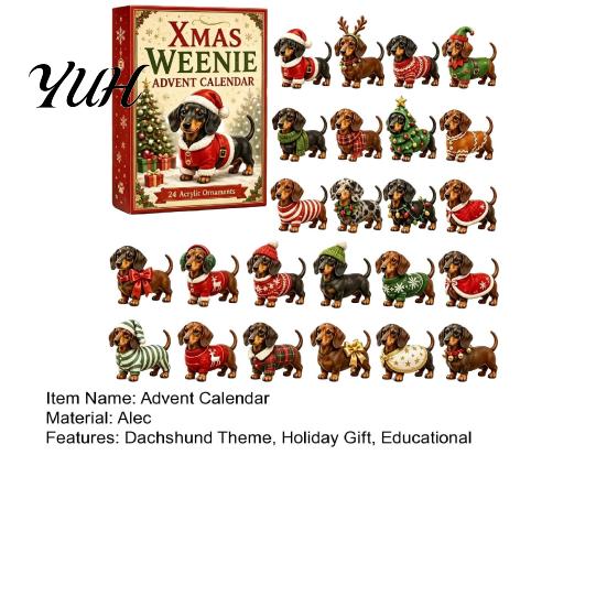 Hunde-Thema Feiertagsgeschenk 2026 Weihnachten Dackel Adventskalender, 24-Tage Countdown Spielzeugset mit Mini-Box-Figuren, Acryl-Ornament-Sammlung,