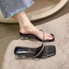 2025 summer new fairy wind transparent sandals Internet celebrity rhinestone square head middle heel sandals casual wear cool slippers