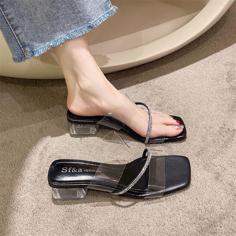 2025 summer new fairy wind transparent sandals Internet celebrity rhinestone square head middle heel sandals casual wear cool slippers