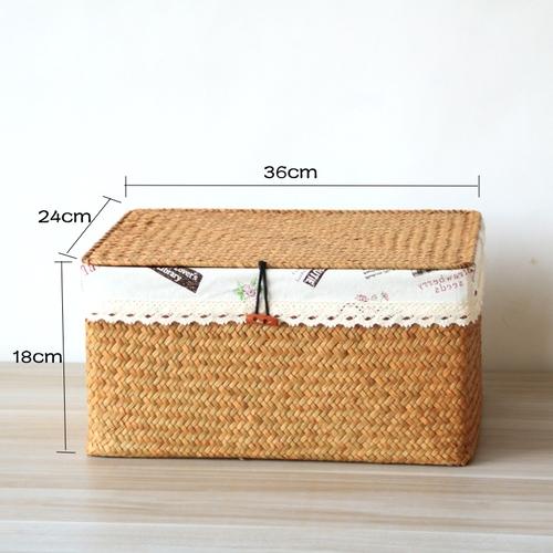 Seetanggewebte Kiste, Graskorb mit Deckel, Haushaltsaufbewahrungskorb, Snackaufbewahrung, Rattanstoff, rechteckig, Schlafzimmer-Sortierboxen