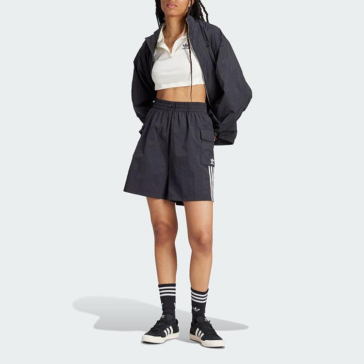 Adidas Originals Adicolor Cargo Shorts With Striped Print Logo And Mid-Rise Relaxed Fit Women Bottoms Black JH1077