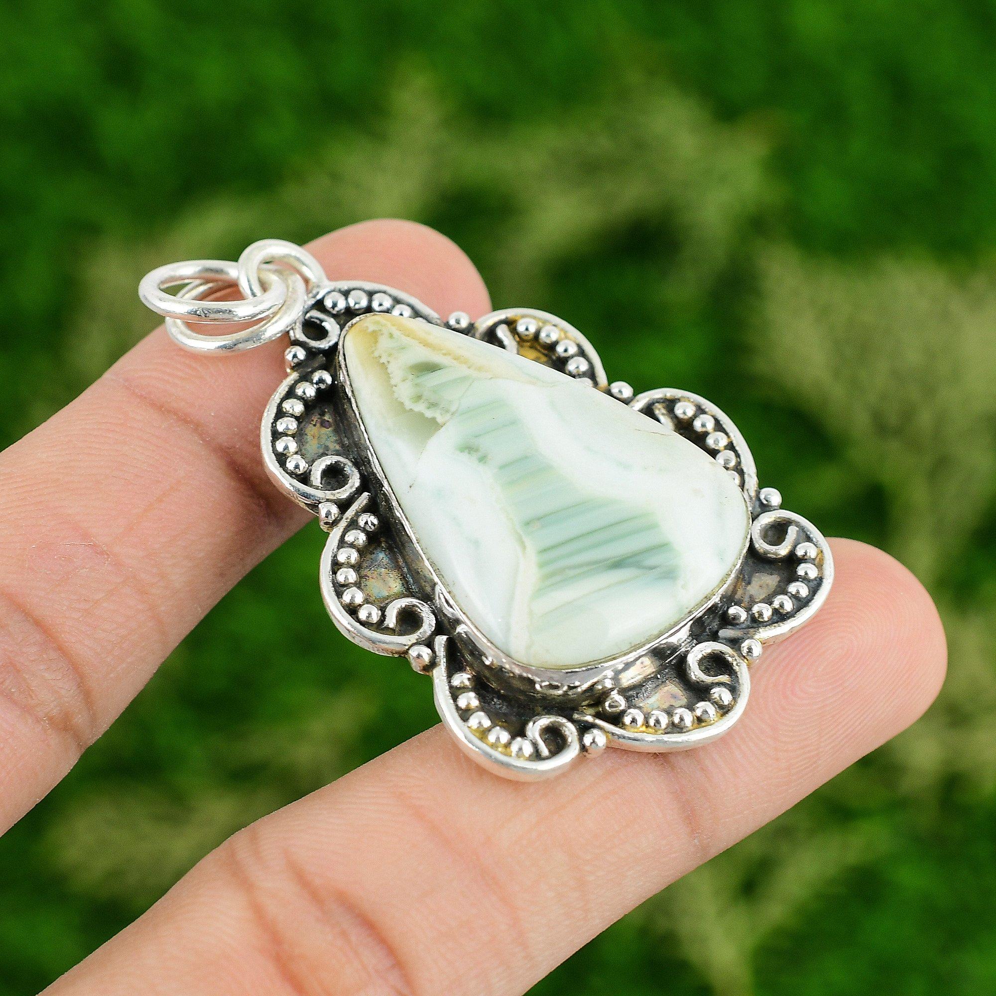 

925 Sterling Silver Pear Blue Rhodochrosite Stone Bezel Mother Pendant Jewelry