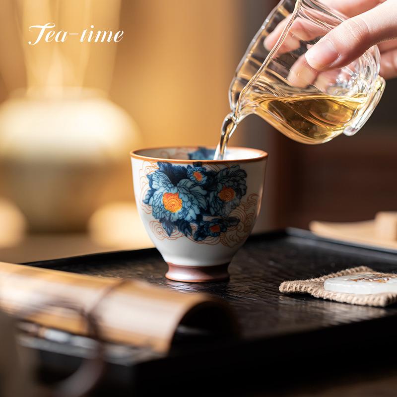 Ru Kiln Tea Cup Large Cups Ceramic High Foot Tea Bowl Teacups Chinese Beautiful Teacup Pottery Maker Porcelain Puera Pair Tool