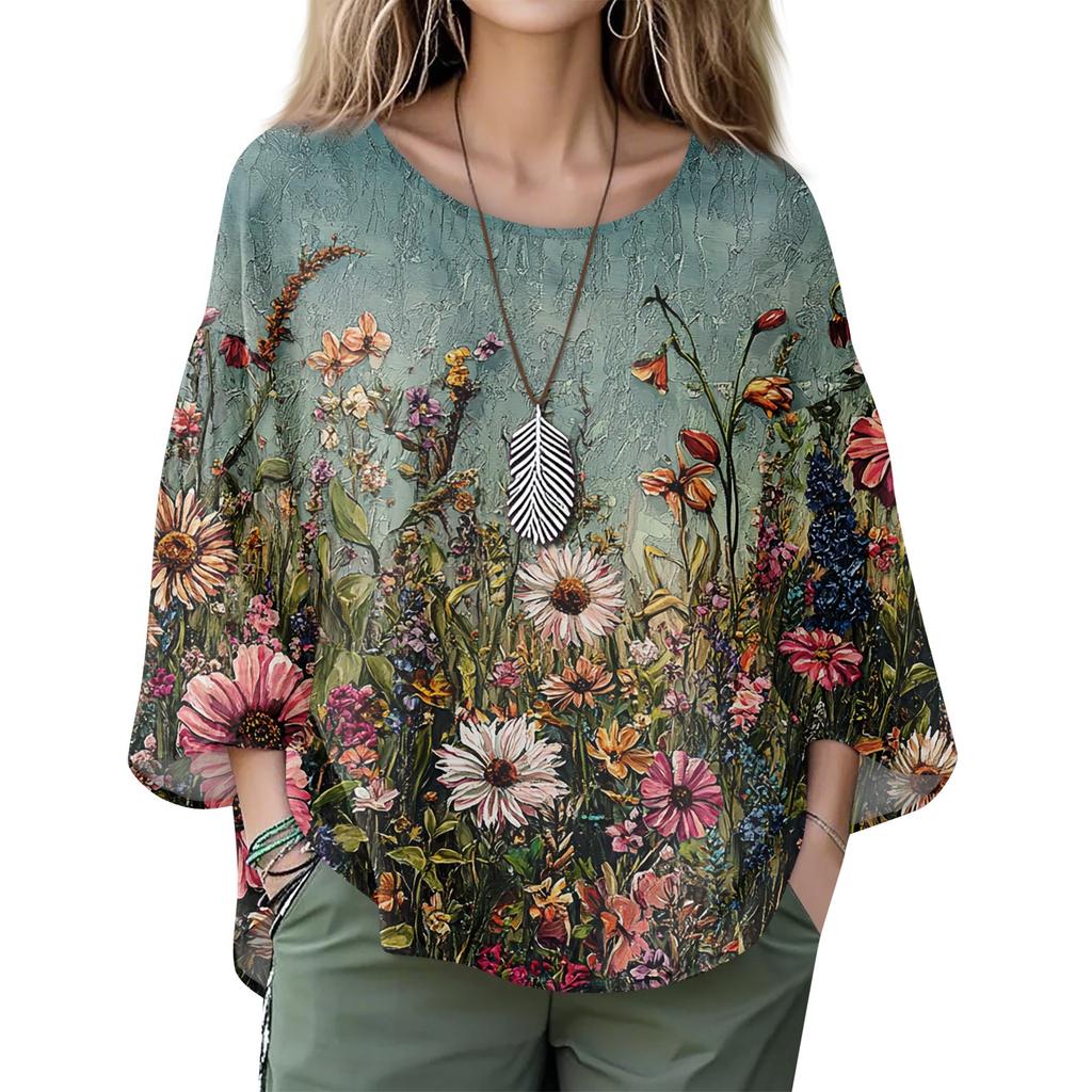 Summer Tops For Women Cute V Neck 3/4 Sleeve Blouses Floral Print Top Casual Shirts