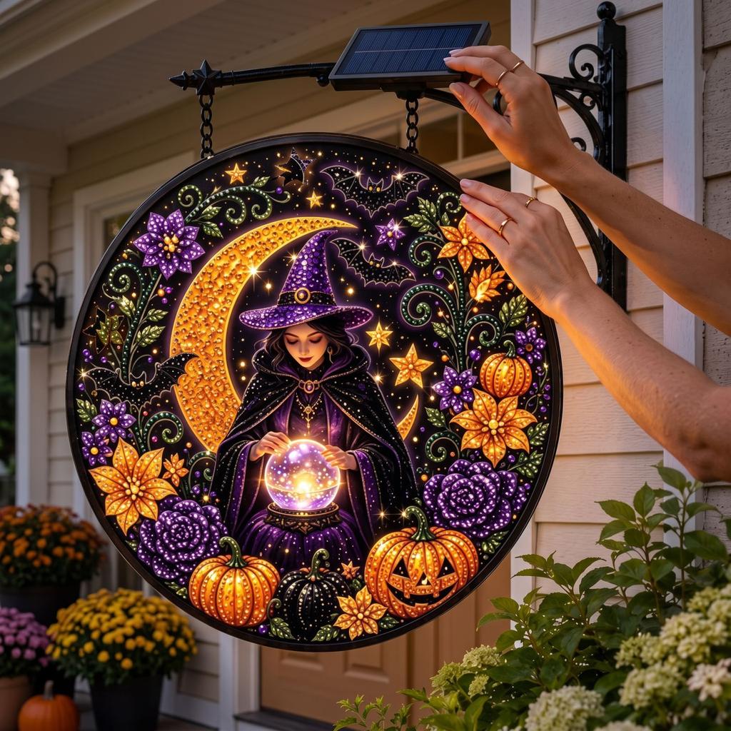 Halloween Wall Light Outdoor Round Decor with Pumpkin Moon Patterns for Front Door Porch Patio Decoration
