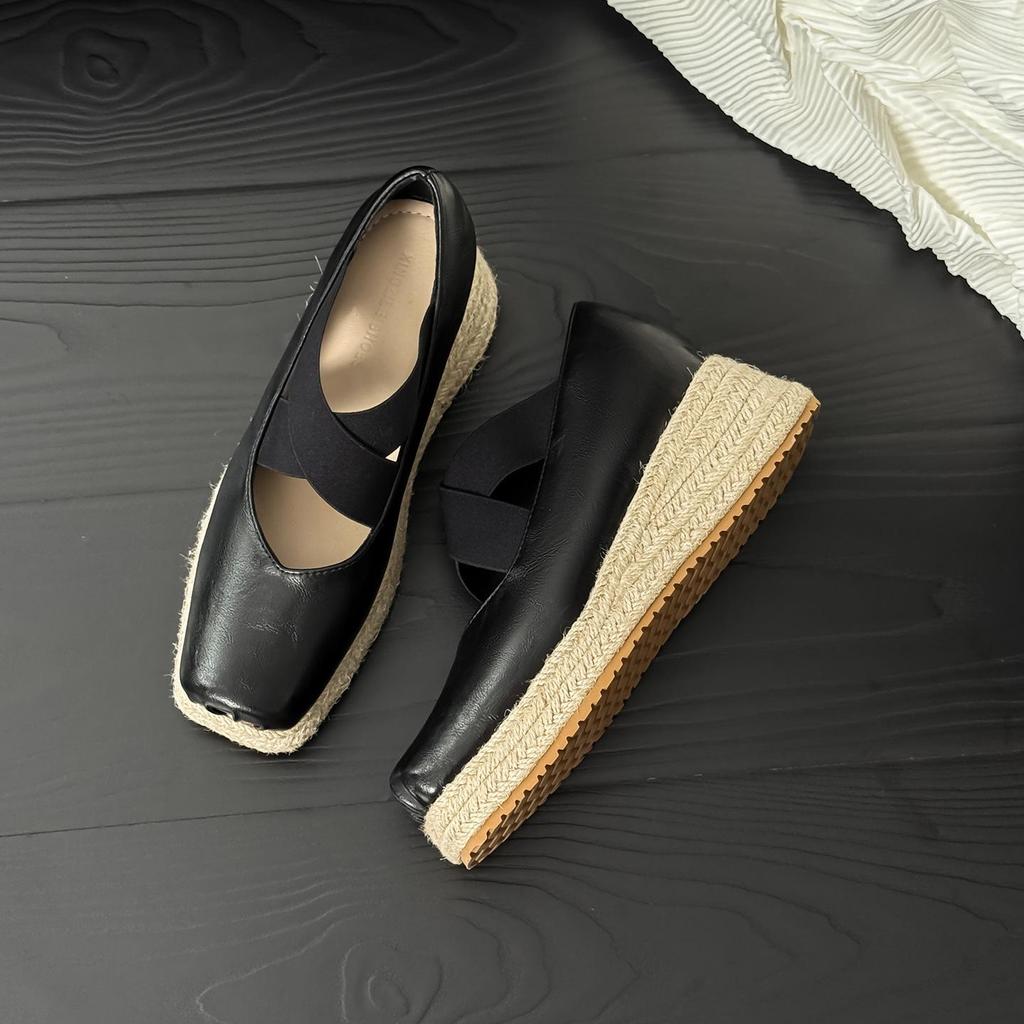Korean Style 8CM Height Boost Ballet Espadrilles with Thick Sole & Cross Strap Wedge Heel - 2025 Edition