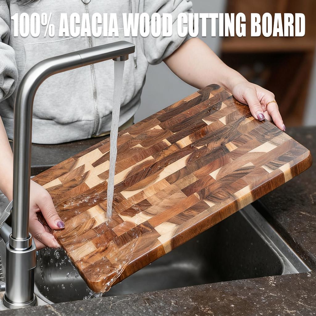WXCOO Cutting Board Made of High Quality Acacia Wood On Both Sides Stainless Steel Chef Knife Meat Cleaver Kitchen Scissors