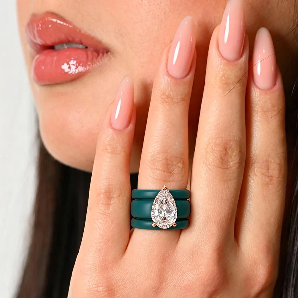 Women Triple Layer Emerald Green Matte Silicone Wedding Ring Big Teardrop CZ Diamond Rose Gold Prong Stacked Rubber Engagement B