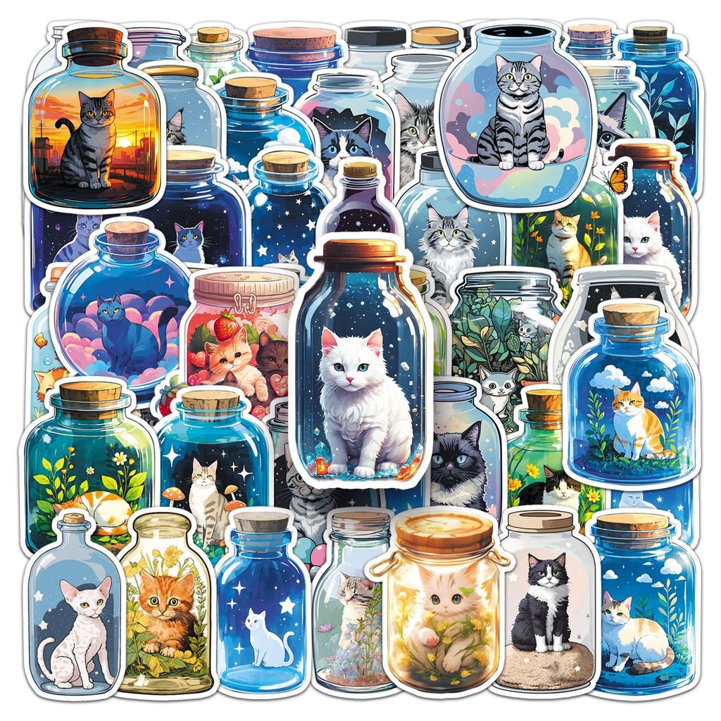 50 Bottles of Cat Doodle Stickers Personalized Cartoon Cute Cat Decorative Mobile Phone Water Cup Creative Stickers
