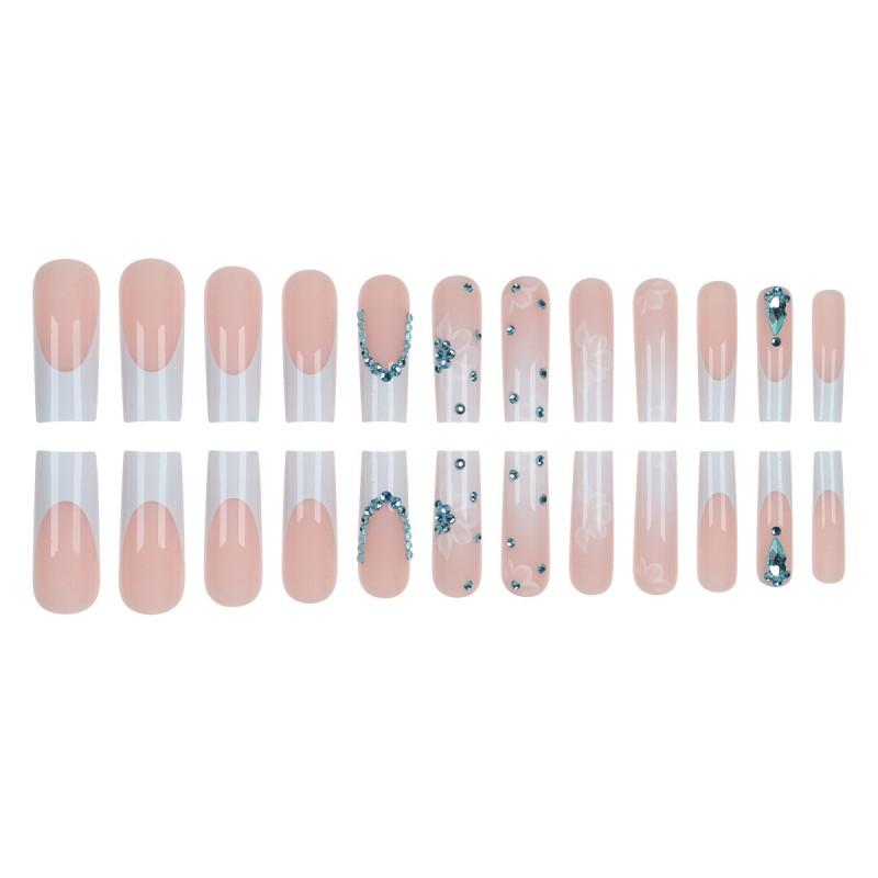 Long Press-On Nails With Icy Transparent Sparkle Rhinestones 24pcs Gel Adhesive Jelly Glue False Nail Tips Women Sweet Style
