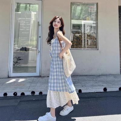 Blue Plaid Suspender Dress Women's New Summer Vacation Two Pieces Seaside Wear Skirt Vacation Dress
