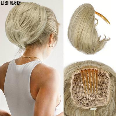 Postiche Chignon synthétique entièrement courte, queue de cheval, Chignon avec peigne, chignon à cordon de serrage