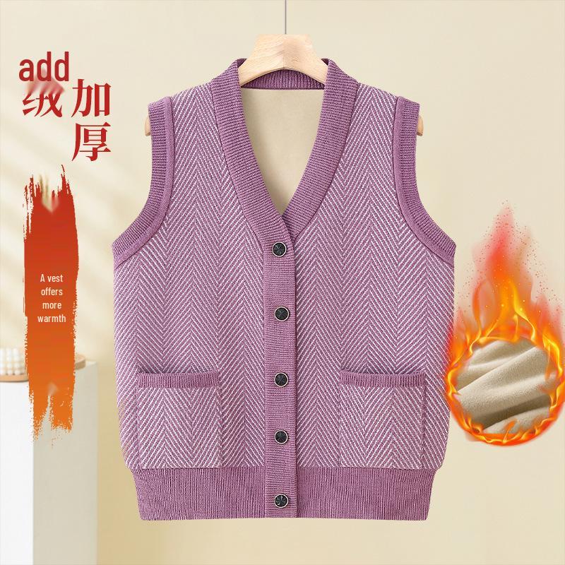 Grandma's Plus Velvet Knit Vest: Cozy Shawl for Middle-Aged and Elderly Women in Spring, Autumn, and Winter