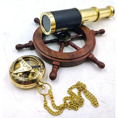 Set of 3 Miniatures Brass Sundial Pocket Compass Nautical Teleascope Wood Ship Wheel Mini Nautical Gift Set