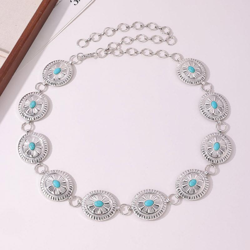 Womens Summer Spring Waist Belt With Turquoise Carved Accents And Closure Hook