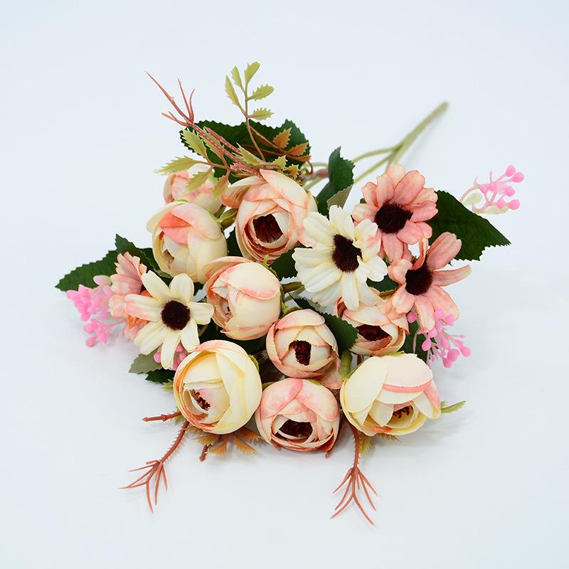Autumn Colored 9-Head Artificial Tea Rose Bouquet for Wedding & Table Decoration
