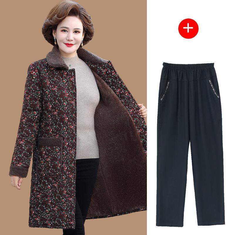 

Мамина зимняя куртка средней длины с цветочным принтом - на флисовой подкладке и утепленная для тепла, идеально подходит для женщин среднего и пожилого возраста 3XL for 120-135 jin