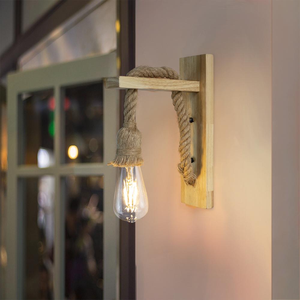 Vintage Hemp Rope Wood Wall Lamp AC110V 220V Retro Bedside Sconce Wall Light Bedroom Hallway Room For Home Decor Indoor