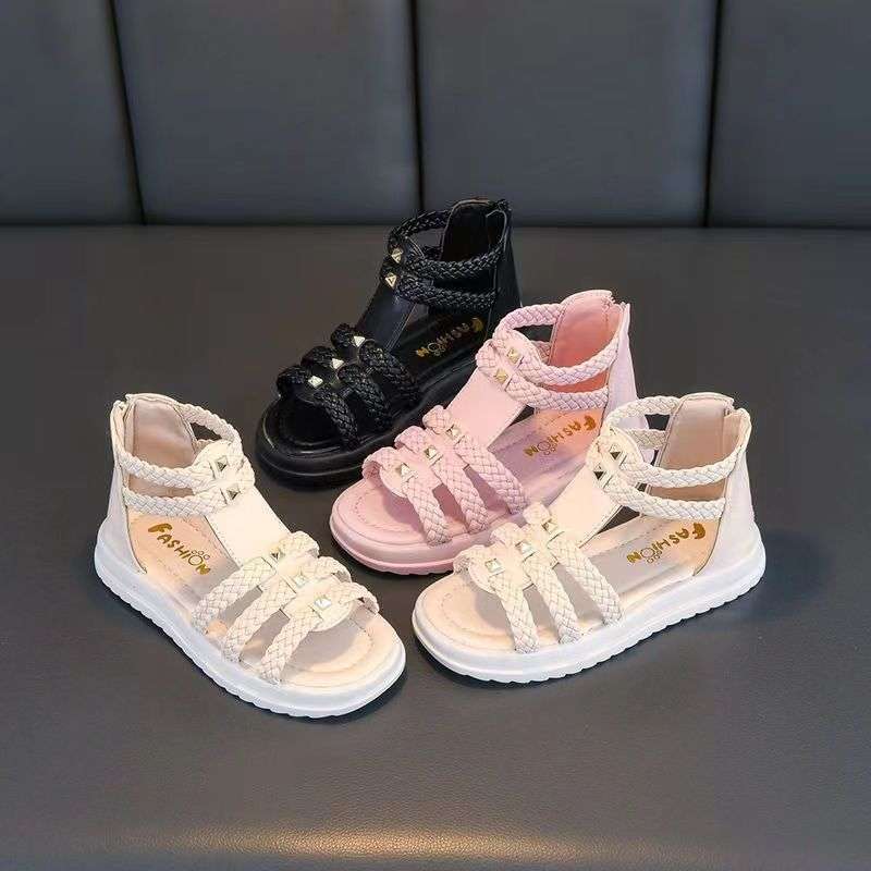 Girls sandals 2025 new summer woven little girl baby princess roman shoes soft-soled open-toed children's sandals