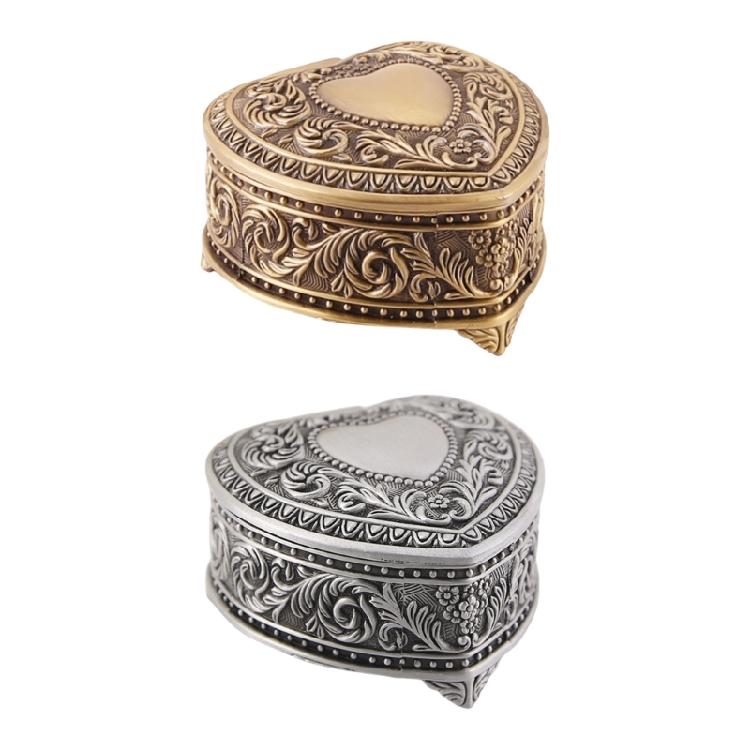 Antique Heart Shaped Jewelry Container Florals Engraved Box Decorative Storage Case for Rings Necklaces Earrings