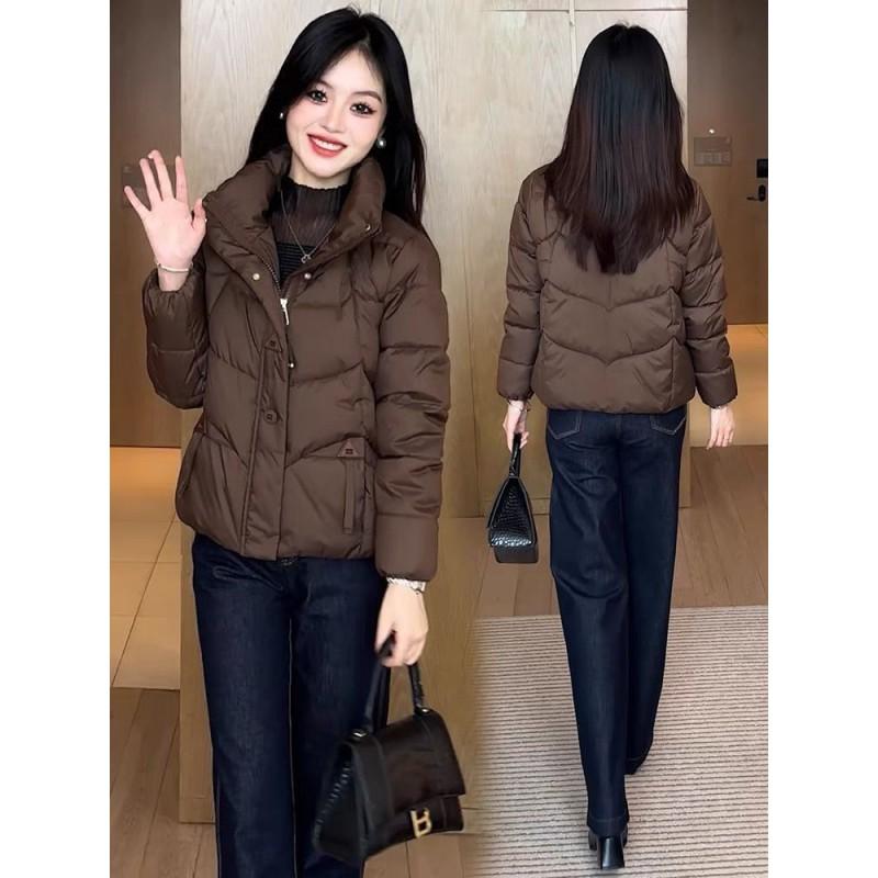 Womens Short Puffer Jacket Winter 2026 Thick Warm Cotton-Padded Coat Stand Collar Zip Front Casual Style