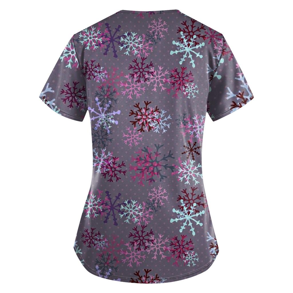 Women's Fashion V-Neck Short Sleeve With Pocket Christmas Print T-Shirt Top
