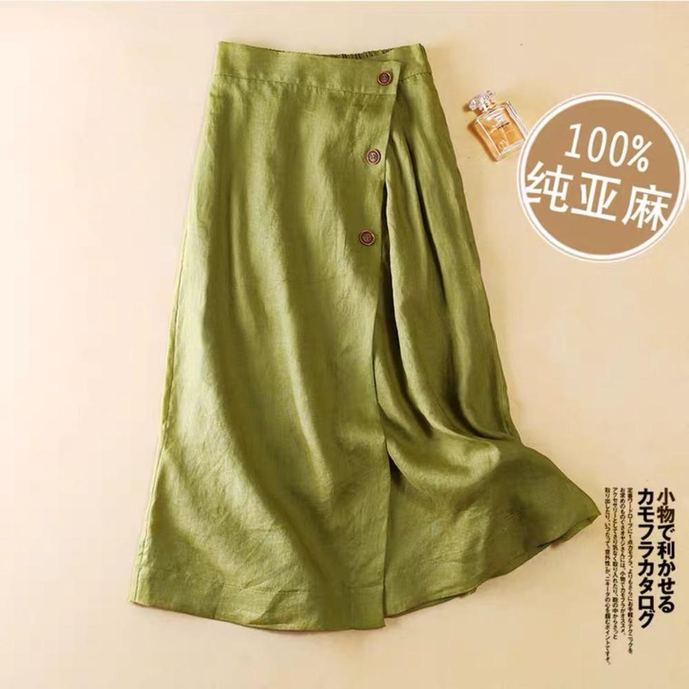 Gonna midi a pieghe con vita alta in misto lino da donna, stile casual a portafoglio con bottoni