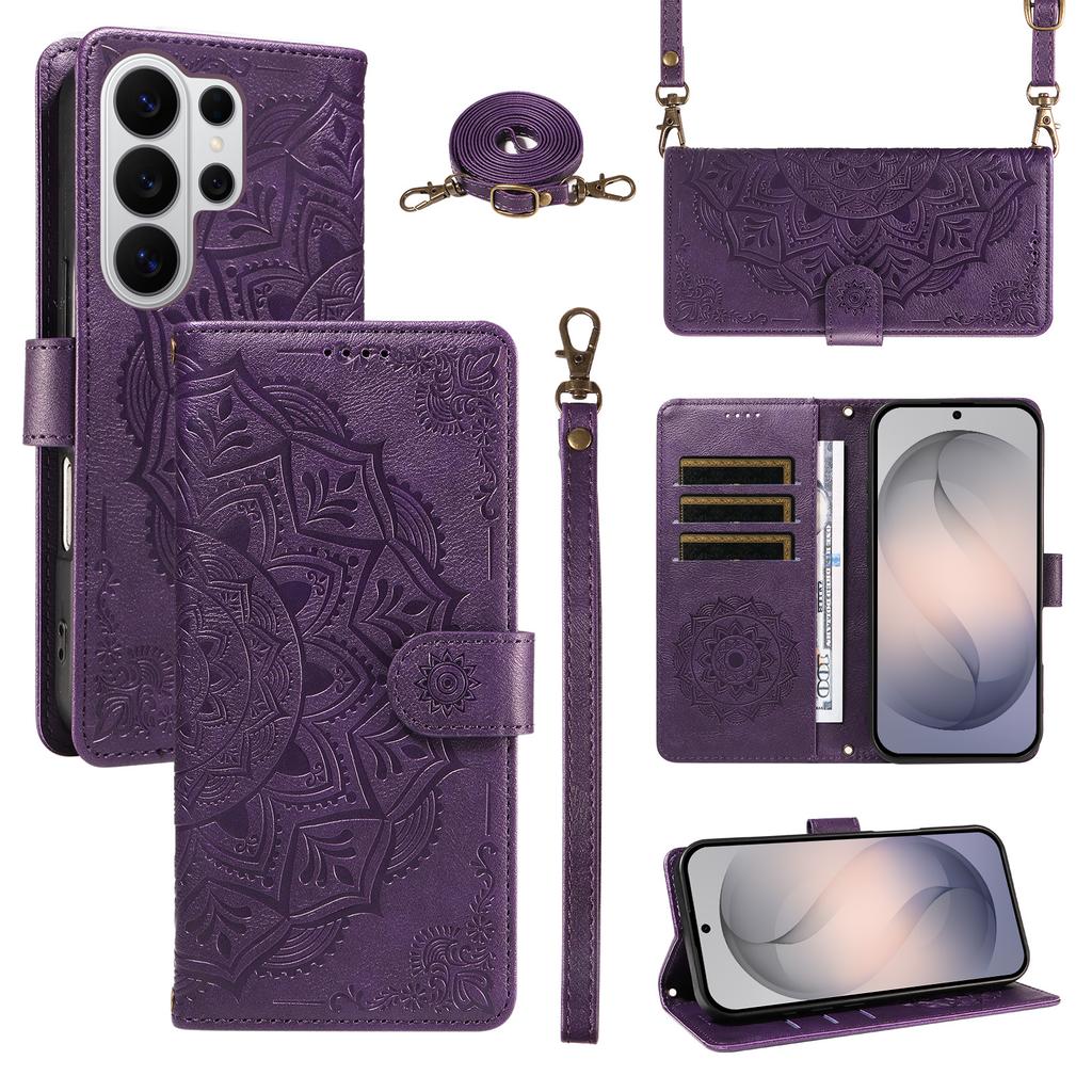 Crossbody Long Lanyard Cards Solt Datura Embossed Leather Case for Samsung S26 Ultra S25 S24 Plus S23 S22 A17 A07 A57 A37 Cover