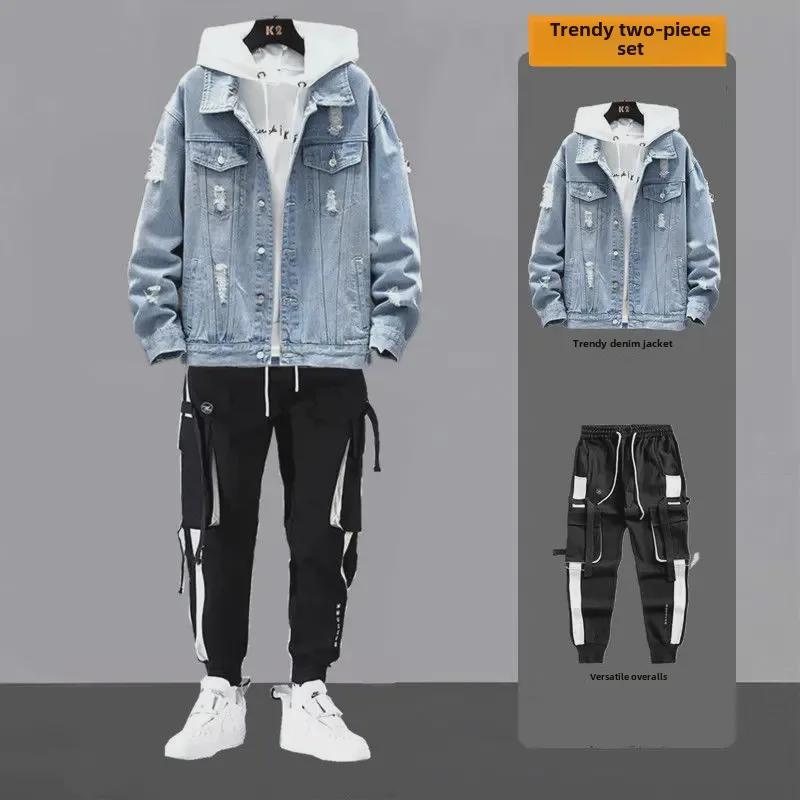 Pánský jarní džínový dvoudílný oblek: Stylová sada bundy a kalhot