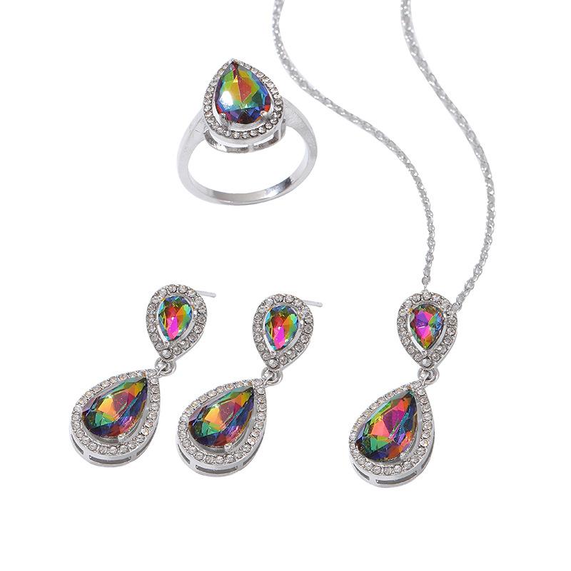 

Аксессуары для женщин Капля воды Цветные сокровища Набор цирконов Ожерелье Серьги Кольцо Набор Аксессуары Многоцветный No. 11