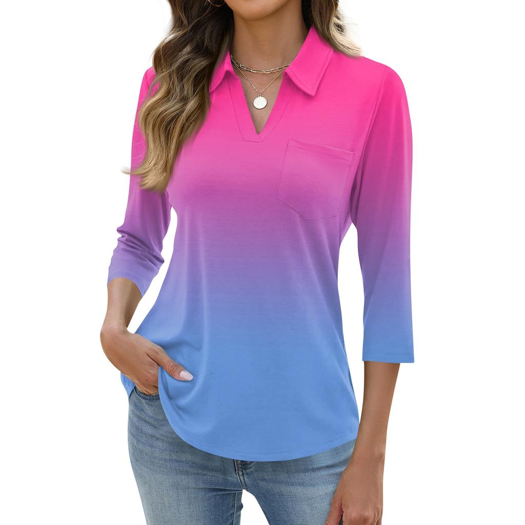 Damen Mode Lässig Revers Kurz 3/4 Ärmel Print Hemd Damen Oberteile