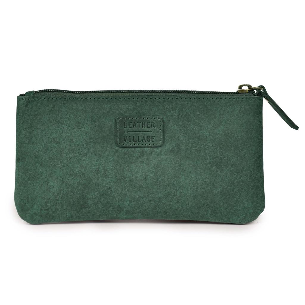 LEATHER VILLAGE Leather Pencil Pouch Pen Case Turquoise Color 20X10cm Double Pocket Elegant and Practical Zipper Pouch Holder for Men and Women - - -