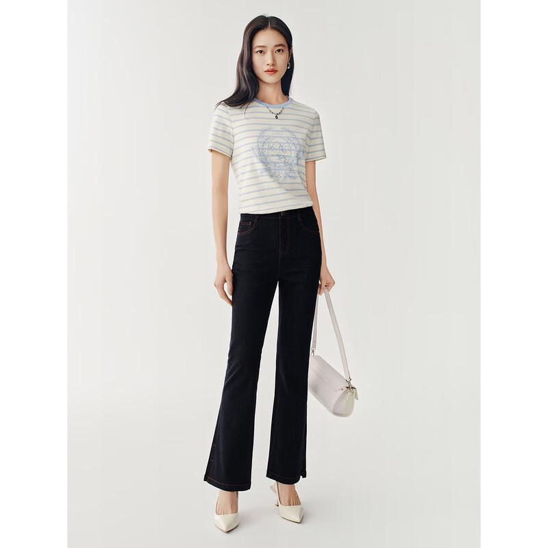 JUZUI Elegant Gold Thread Slim Flared Denim Trousers for Women