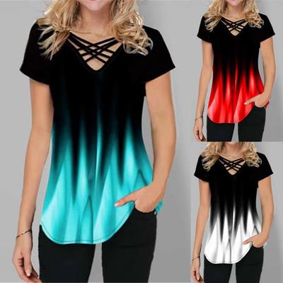 Summer Women T-shirt Cross Straps Gradient Color Short Sleeves V Neck
