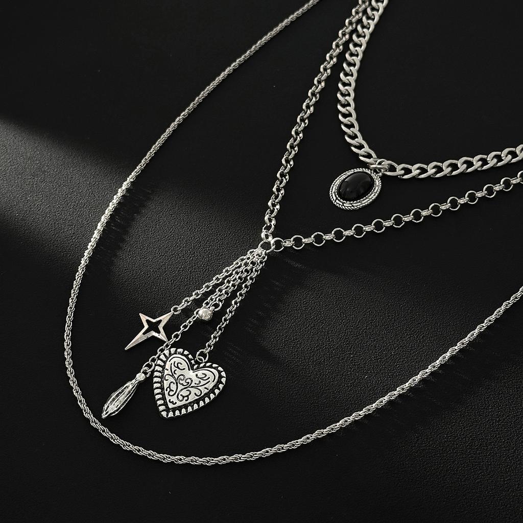 Fashion Stone Heart Star Pendant Necklace Punk Retro Multilayer Choker Couple Necklaces Jewelry for Romantic Valentine's Day Gifts