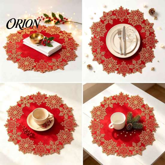 Durable Polyester Placemats Christmas Embroidered Placemat, Red And Gold Snowflake Table Coasters Mat, Heat Resistant Decorative Mat for Party Banquet