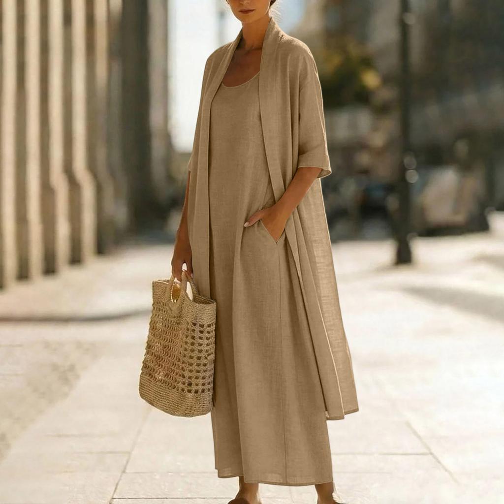 Damen 2-teilige Outfits Sommer Baumwoll-Leinen-Sets Maxikleid und Langarm-Strickjacke mit 3/4-Ärmeln und Tasche